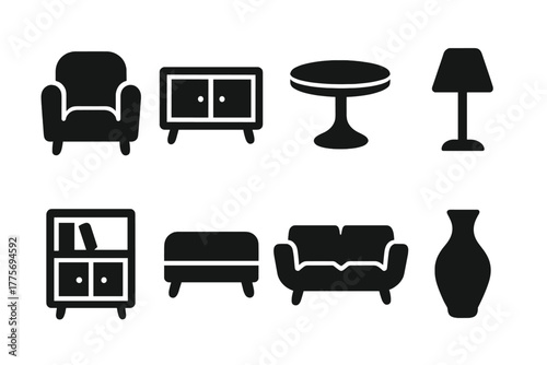 Retro Furniture Icons. Retro furniture. Filled icon set of retro furniture: armchair, credenza, round dining