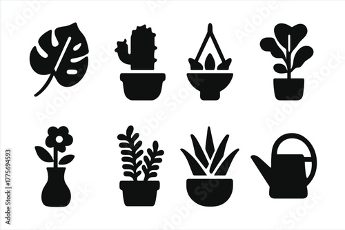 Minimalist Plant Icons. Indoor plants. Filled icon set of indoor plants: monstera leaf, cactus pot, hanging