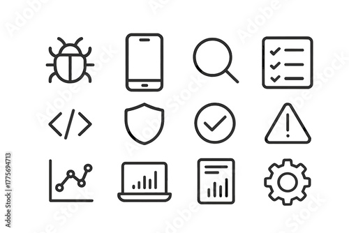 App Testing Icons. App testing and QA. Line outline icon set of app testing and QA: bug, smartphone, magnifier