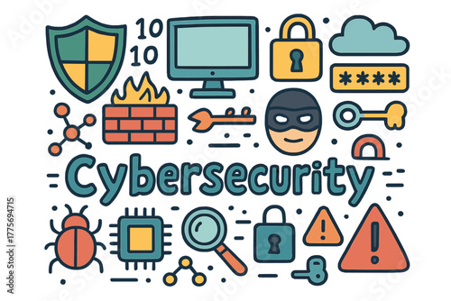 Cybersecurity Doodle Icons. Cybersecurity. Hand-drawn doodle illustration of cybersecurity. Shield, computer