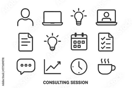 Consulting Icons Set. Consulting session. Line outline icon set of consulting session: person, laptop, chart,
