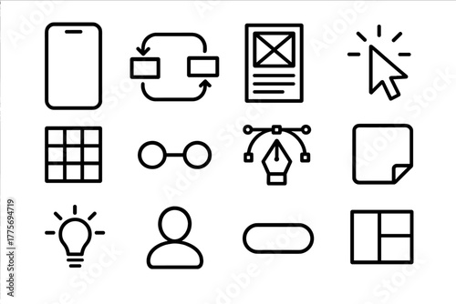 App Prototyping Icons. App prototyping. Line outline icon set of app prototyping: smartphone screen, flow