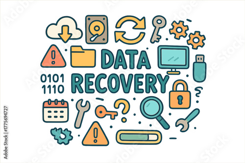 Data Recovery Doodle. Data Recovery. Hand-drawn doodle illustration of data recovery. Cloud backup, hard drive