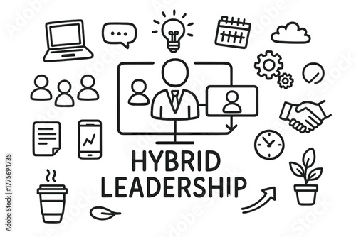 Hybrid Team Leadership. Leadership in hybrid teams. Hand-drawn doodle illustration of leadership in hybrid