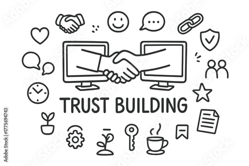 Trust Building Illustration. Trust building. Hand-drawn doodle illustration of trust building. In the middle,