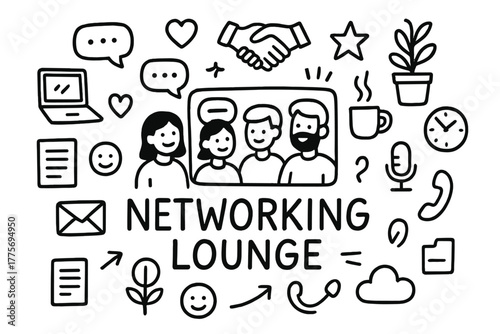 Virtual Networking Doodle. Virtual networking lounge. Hand-drawn doodle illustration of virtual networking