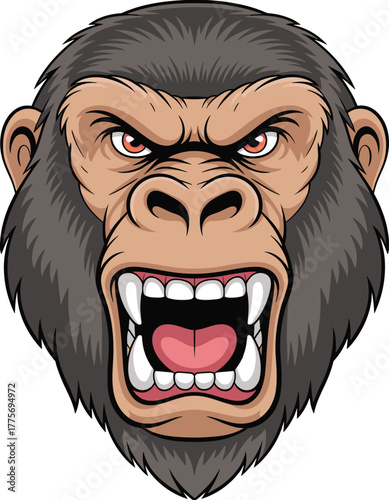 Angry gorilla face cartoon illustration with open mouth showing sharp teeth, fierce wild animal expression, detailed vector artwork design