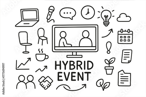 Hybrid Event Doodles. Hybrid event. Hand-drawn doodle illustration of hybrid event. In the middle, one