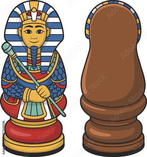 Cartoon Egyptian pharaoh chess piece design, colorful ancient Egypt style character illustration, vector artwork of historical game figure isolated