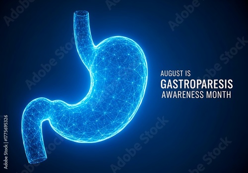 Gastroparesis awareness month illustration with stomach on blue background