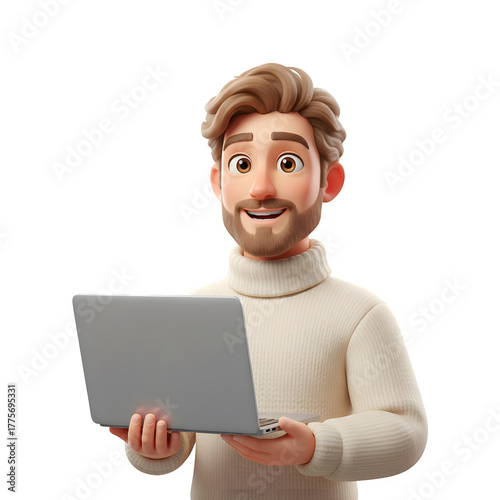 Smiling cartoon man holding a laptop, isolated on transparent background