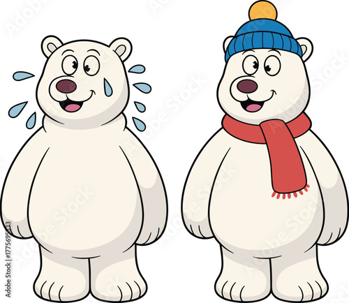 Cartoon polar bears with different expressions, one sweating and one dressed warmly in scarf and hat, funny winter concept illustration