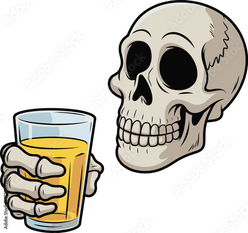 Cartoon skeleton holding a glass of orange drink, funny skull illustration, spooky yet humorous Halloween themed vector artwork design