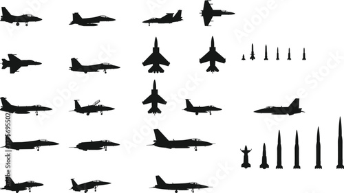 Military aircraft silhouettes, missile comparison chart, fighter jet shapes, bomber profiles, defense technology, aviation grid, warplane vector, arsenal icons
