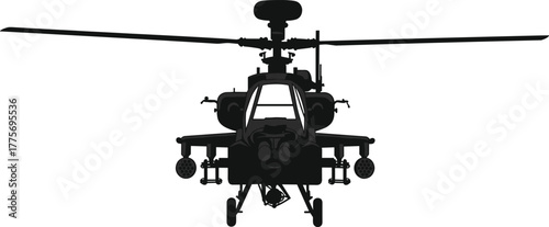 Military attack helicopter silhouette, AH-64 Apache front view, combat aircraft, radar dome, missile launcher, tandem cockpit, rotor blades, war machine