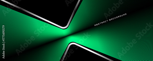 3D green stripes techno abstract background overlap layer on dark space with curved silver lines decoration. Modern graphic design element glowing style concept for web, flyer, card, or brochure cover