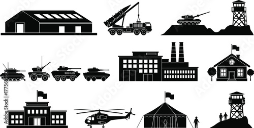 Military base illustration, tank convoy, missile launcher, helicopter, watchtower, army vehicles, defense infrastructure, war zone, strategy planning, black and white