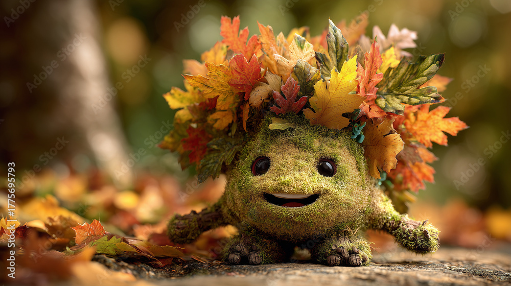 Obraz premium Ai cute forest creature with leafy crown surrounded by autumn leaves in a vibrant woodland setting 
