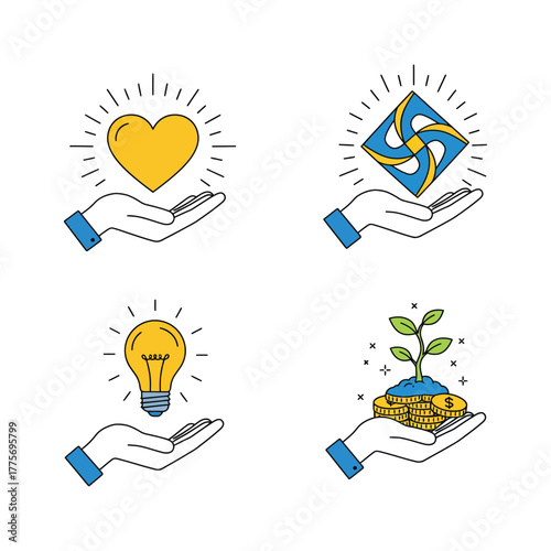 Hands Holding Symbols: Love, Innovation, Idea, Growth heart abstract lightbulb plant money coins investment finance business concept