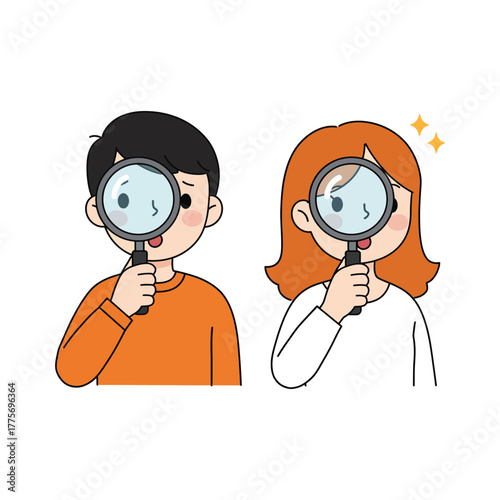 Cartoon Boy and Girl with Magnifying Glass search investigation illustration research discovery looking examining inspecting finding