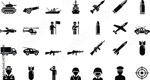 Military icon set, black silhouette vector, tanks, helicopters, missiles, soldiers, weapons, defense symbols, war equipment, tactical gear, combat design