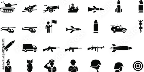 Military icon set, black silhouette vector, tanks, missiles, helicopters, rifles, soldiers, bombs, war equipment, defense symbols, combat design