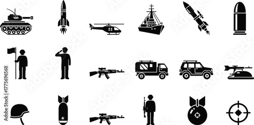 Military icon set, black silhouette vector, weapons, vehicles, soldiers, tactical gear, defense symbols, war equipment, combat tools, army design