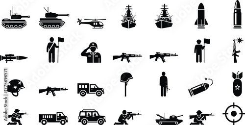 Military icon set, black silhouette vector, tanks, helicopters, soldiers, weapons, defense symbols, war equipment, tactical gear, combat illustration