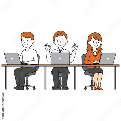Teamwork and Approval Illustration business people laptop desk office computer employee man woman cartoon character workspace corporate