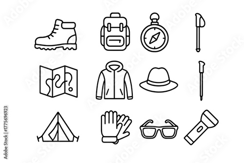 Hiking Essentials Icons. Hiking essentials. Line outline icon set of hiking essentials: boots, backpack, water