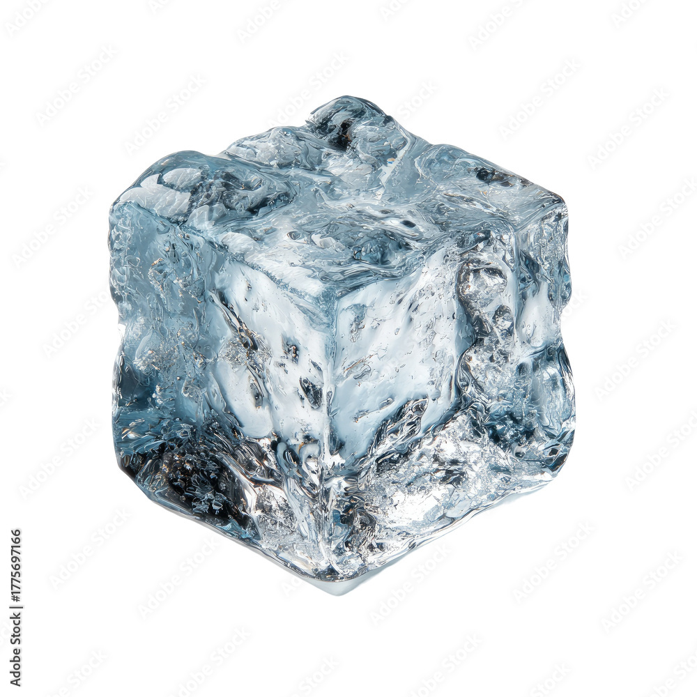 Obraz premium Close-up of a single, slightly irregular ice cube. Its clear, icy surface shows internal textures and patterns, and it's a near-perfect cube shape