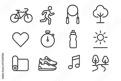 Outdoor Fitness Icons. Fitness outdoors. Line outline icon set of fitness outdoors: bicycle, runner, jump rope