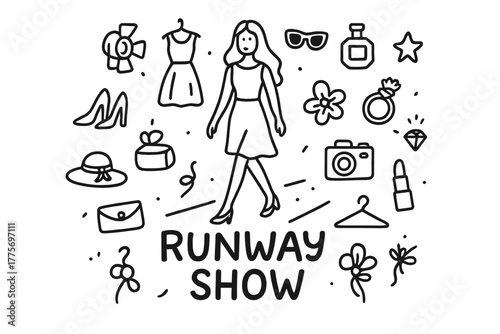 Runway Show Doodles. Runway show. Hand-drawn doodle illustration of runway show. In the middle, one slightly