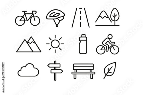 Cycling Icon Set. Outdoor cycling. Line outline icon set of outdoor cycling: bicycle, helmet, road, tree,