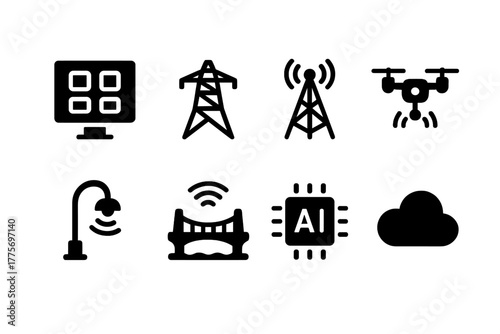 Smart Infrastructure Icons. Smart infrastructure. Filled icon set of smart infrastructure: control hub, energy