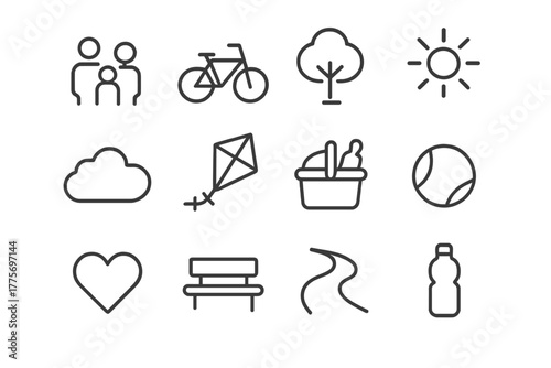 Outdoor Weekend Icons. Weekend outdoors. Line outline icon set of weekend outdoors: family, bicycle, park tree