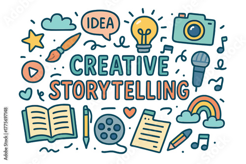 Creative Storytelling Doodles. Creative Storytelling. Hand-drawn doodle illustration of creative storytelling.