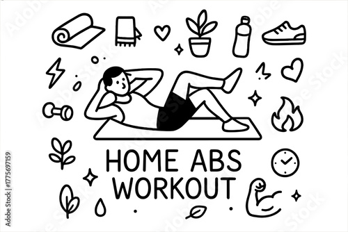 Home Abs Doodle. Home abs workout. Hand-drawn doodle illustration of home abs workout. In the middle, one