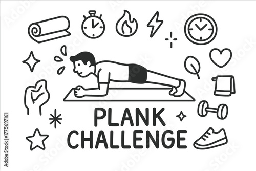 Plank Challenge Doodle. Plank challenge. Hand-drawn doodle illustration of plank challenge. In the middle, one