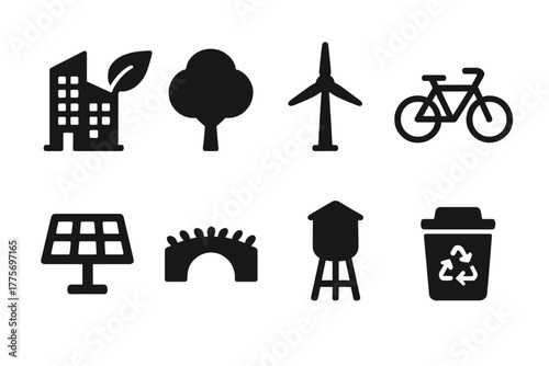 Sustainable City Icons. Sustainable city. Filled icon set of sustainable city: eco building, tree, windmill,