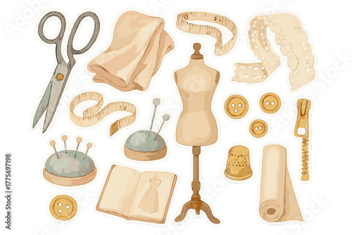 Fashion Atelier Stickers. Elegant fashion atelier. Realistic hand-painted watercolor style sticker sheet of