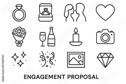 Engagement Icons Collection. Engagement proposal. Line outline icon set of engagement proposal: ring, ring box