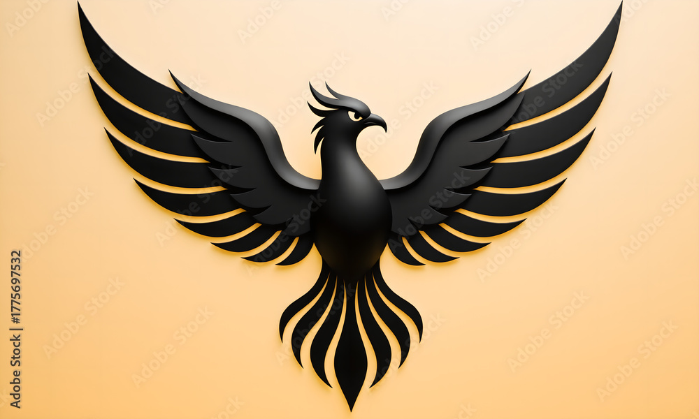Obraz premium Majestic black phoenix with outstretched wings soaring on a vibrant peach background