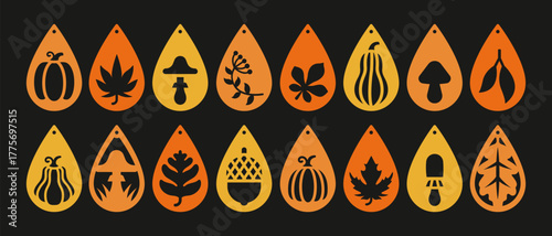 Set of 16 designs with autumn elements for teardrops earrings, pendant or keychain. Vector stencils of hanging bijouterie. Jewelry cutting template. Laser, plotter, cnc cut with metal, wood or leather