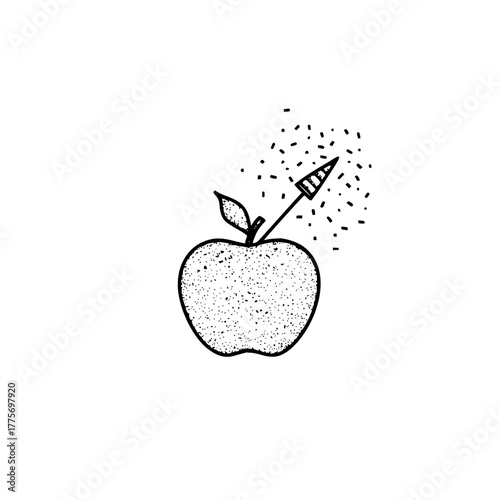 Apple with arrow illustration, hand drawn style, black and white fruit drawing, healthy food, target practice