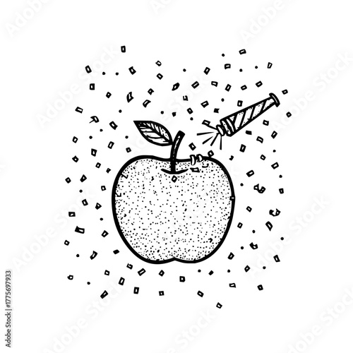Apple illustration with confetti and party popper for celebration and festive design elements concept