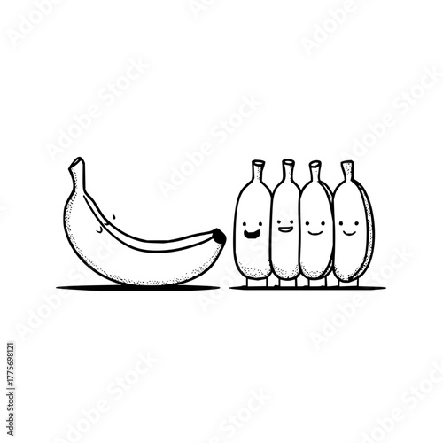 Banana fruit illustration with happy bottle characters funny food drawing black and white line art vector design
