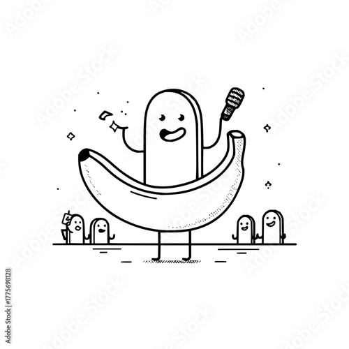 Banana stand up comedy show vector illustration with audience and microphone for fruit lovers and humor