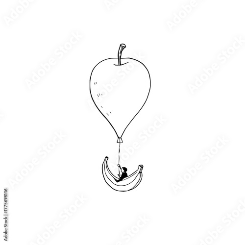 Apple balloon banana boat illustration whimsical fruit adventure drawing surreal journey fantasy sketch design 100