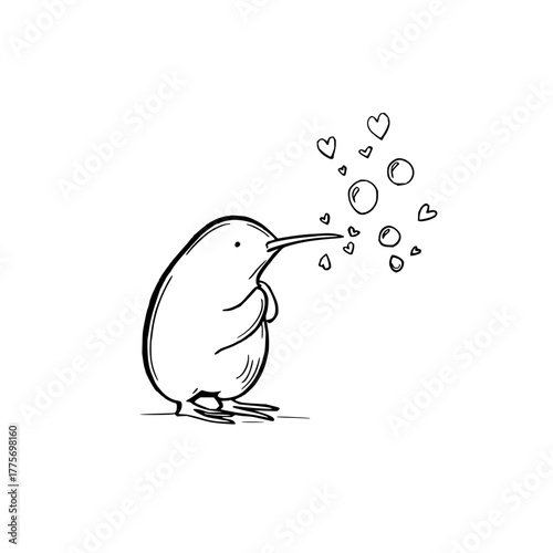 Cute kiwi bird blowing bubbles and hearts illustration vector drawing design for valentine's day love concept